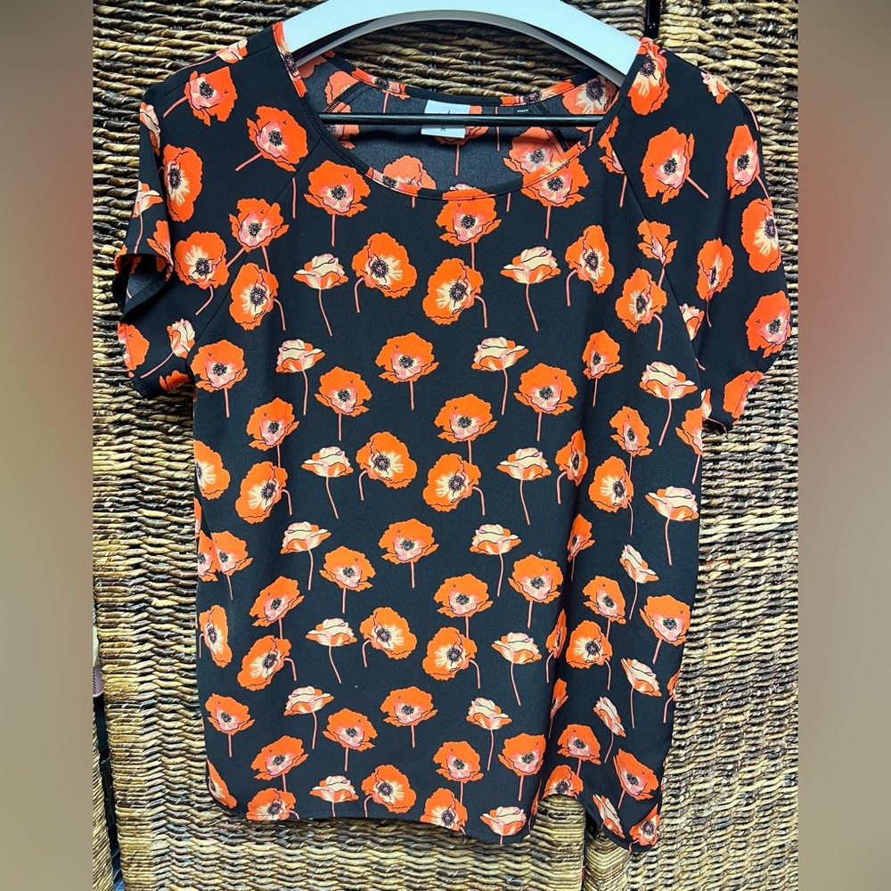 Cabi- Blue and Orange Floral Poppy Blouse with split‎ back, Women’s Medium